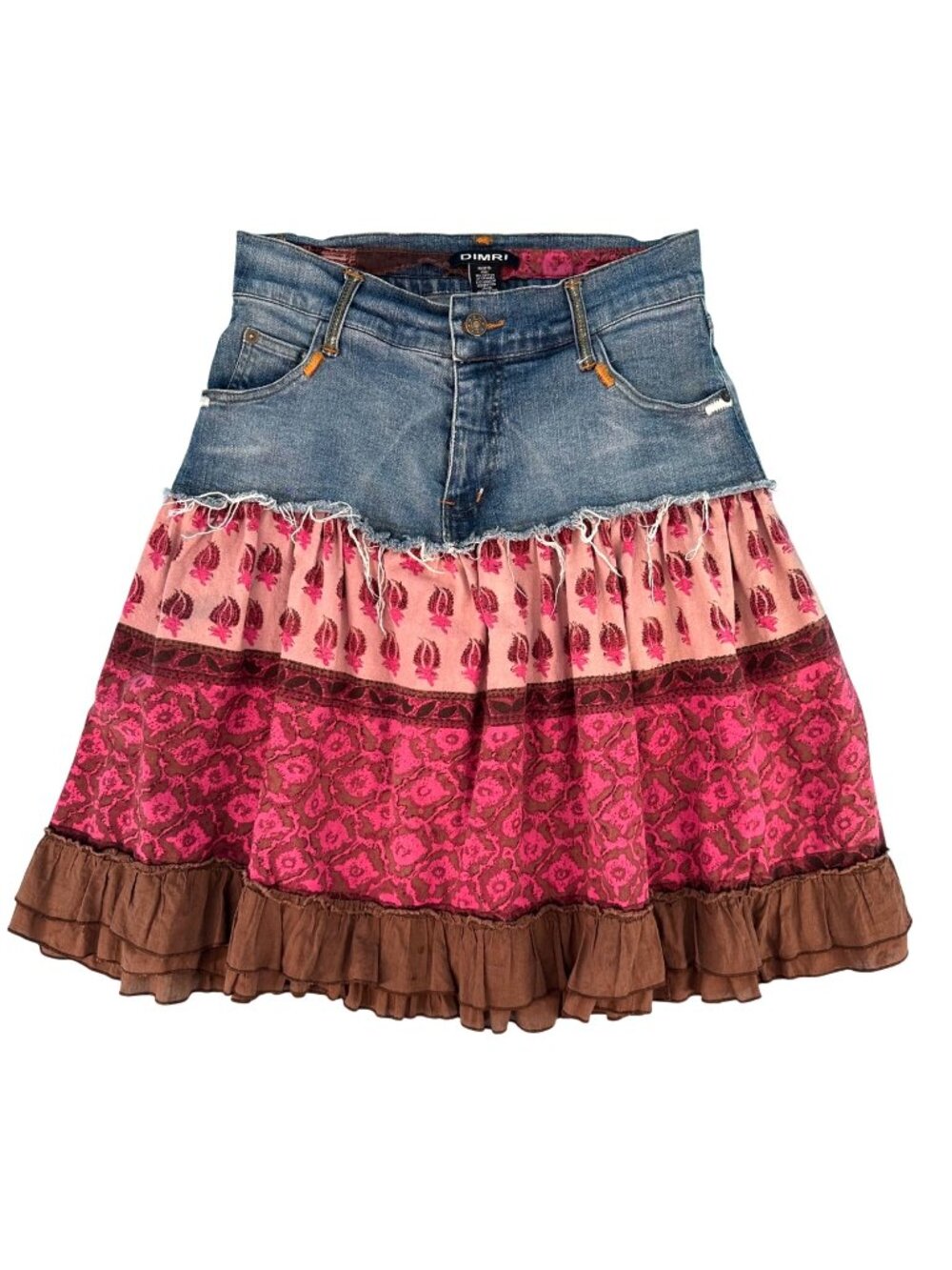 Vintage Dimri Denim & Cotton Pink & Brown Floral Ruffle Patchwork Boho Skirt M